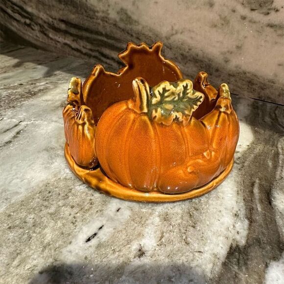 Tii Collections Vintage Ceramic Pumpkin Candle Holder Orange Thanksgiving Decor - Picture 2 of 7